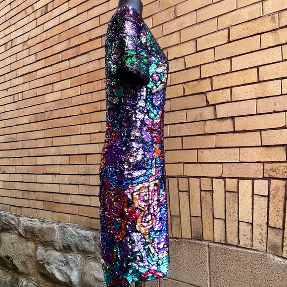 Vintage 90’s Black Tie by Oleg Cassini Sequin Silk Mosaic Dress Size 8 - Picture 4 of 13